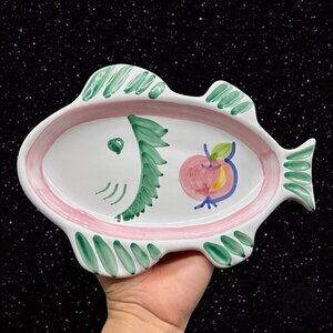 Caleca Fish Serving Plate Platter Pink Green Ceramic Hand Painted Italy 9.75”W